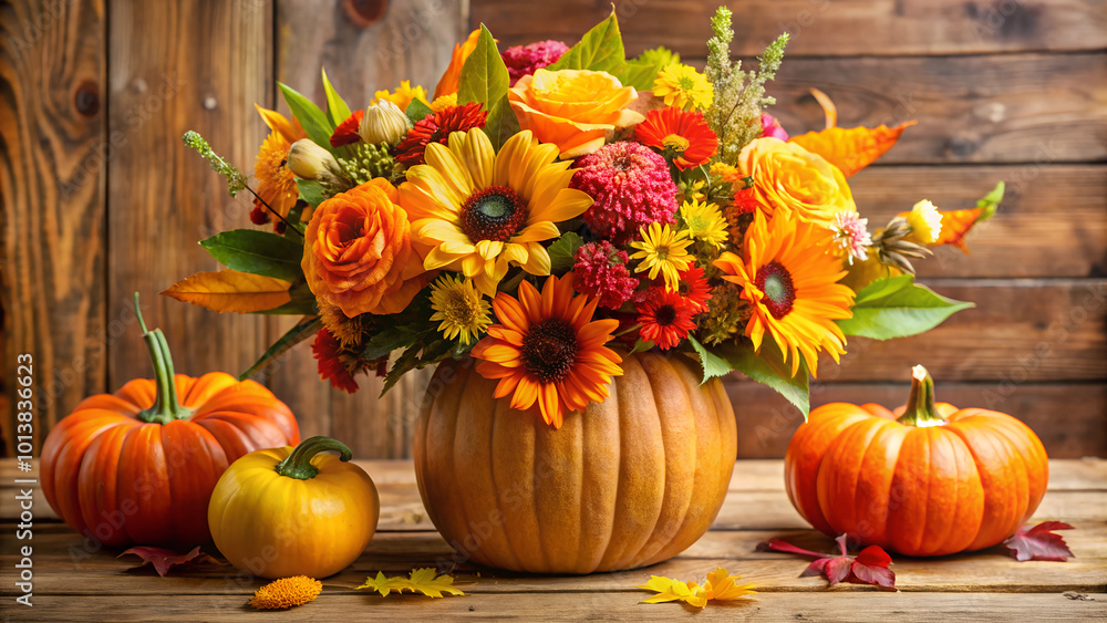 Seasonal fall decoration with pumpkin vase and flower arrangement suitable for fall holidays such as Thanksgiving and Halloween Seasonal fall decoration with pumpkin vase and flower arrangement suitable for fall holidays such as Thanksgiving and Halloween