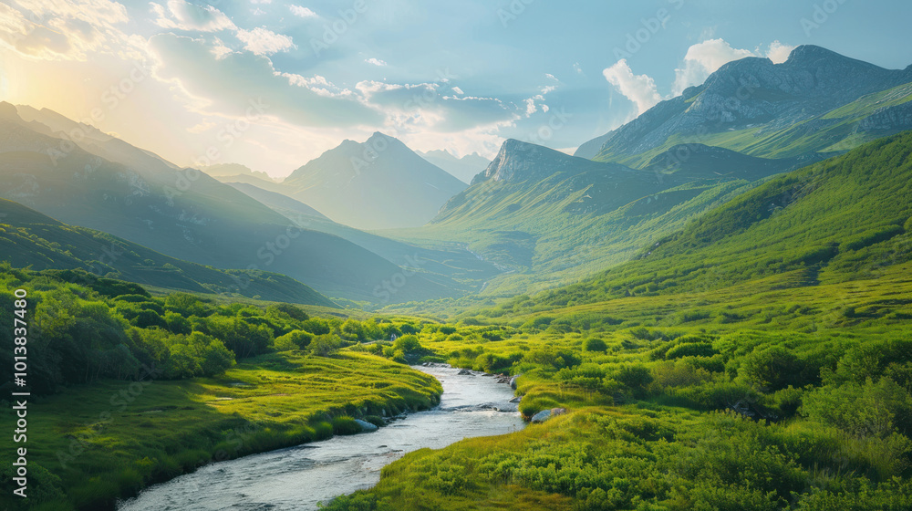 Fototapeta premium A tranquil mountain landscape with a peaceful river flowing through the valley, surrounded by vibrant greenery