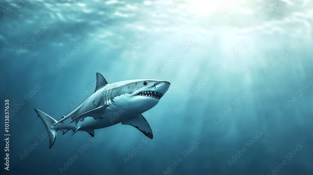 Naklejka premium Shark Encounter in Stormy Waters - A Divers Descent into Isolation and Fear Amidst the Turbulent Ocean