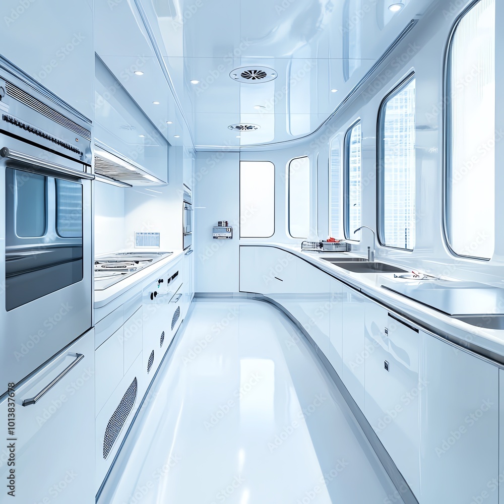 Fototapeta premium Modern kitchen interior with sleek design, bright lighting, and spacious layout, ideal for cooking and entertaining.