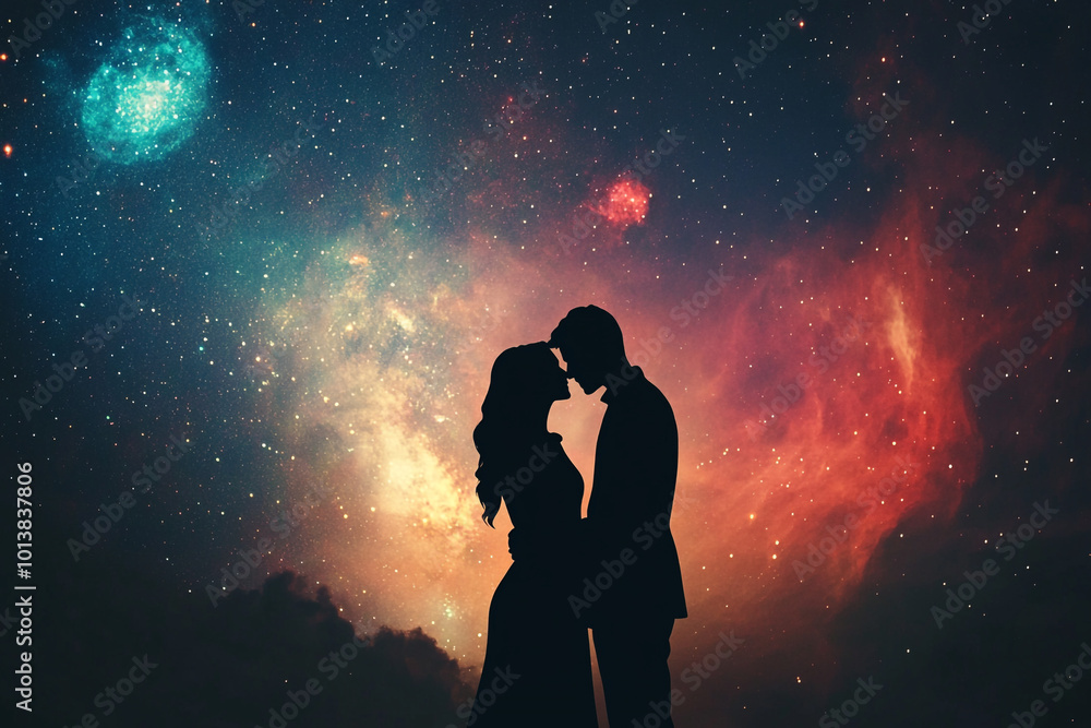 A couple's silhouette against the backdrop of an ethereal galaxy, symbolizing their love as vast and infinite in space. A couple's silhouette against the backdrop of an ethereal galaxy, symbolizing their love as vast and infinite in space.