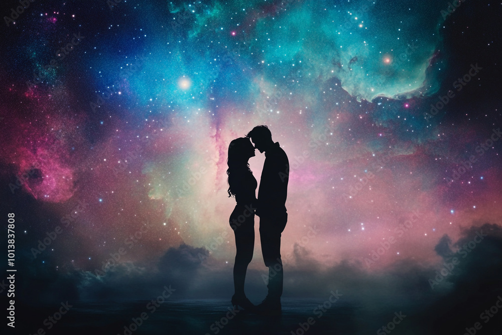 A couple's silhouette against the backdrop of an ethereal galaxy, symbolizing their love as vast and infinite in space. A couple's silhouette against the backdrop of an ethereal galaxy, symbolizing their love as vast and infinite in space.