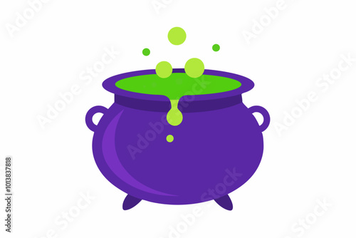 Halloween witches violet cauldron with poison potion isolated on white background. Vector Illustration of a Witch's Cauldron.