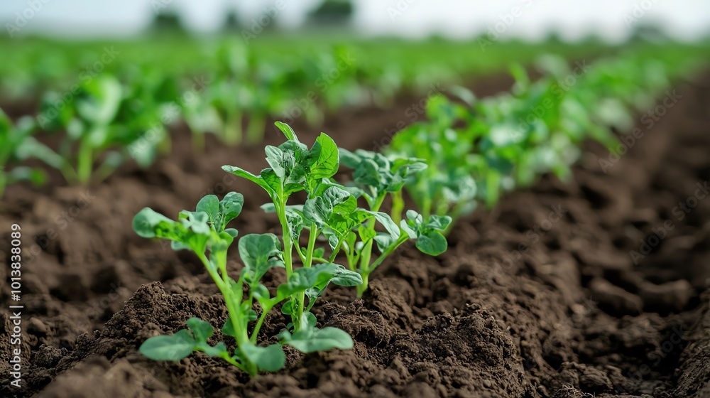 Fresh green seedlings emerging from rich soil in a vibrant farm field under natural light. Fresh green seedlings emerging from rich soil in a vibrant farm field under natural light.