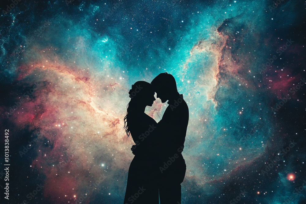 A couple's silhouette against the backdrop of an ethereal galaxy, symbolizing their love as vast and infinite in space. A couple's silhouette against the backdrop of an ethereal galaxy, symbolizing their love as vast and infinite in space.