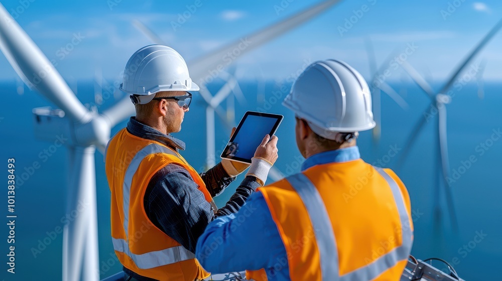 Wind Turbine Engineers Inspecting Wind Farm with Tablet Wind Turbine Engineers Inspecting Wind Farm with Tablet
