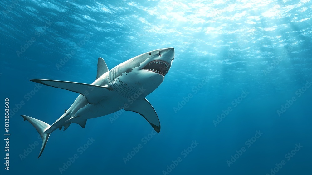 Obraz premium Predator Shark Emerges from Dark Ocean Depths - Eerie Underwater Scene Capturing Panic and Fear in the Mysterious Abyss