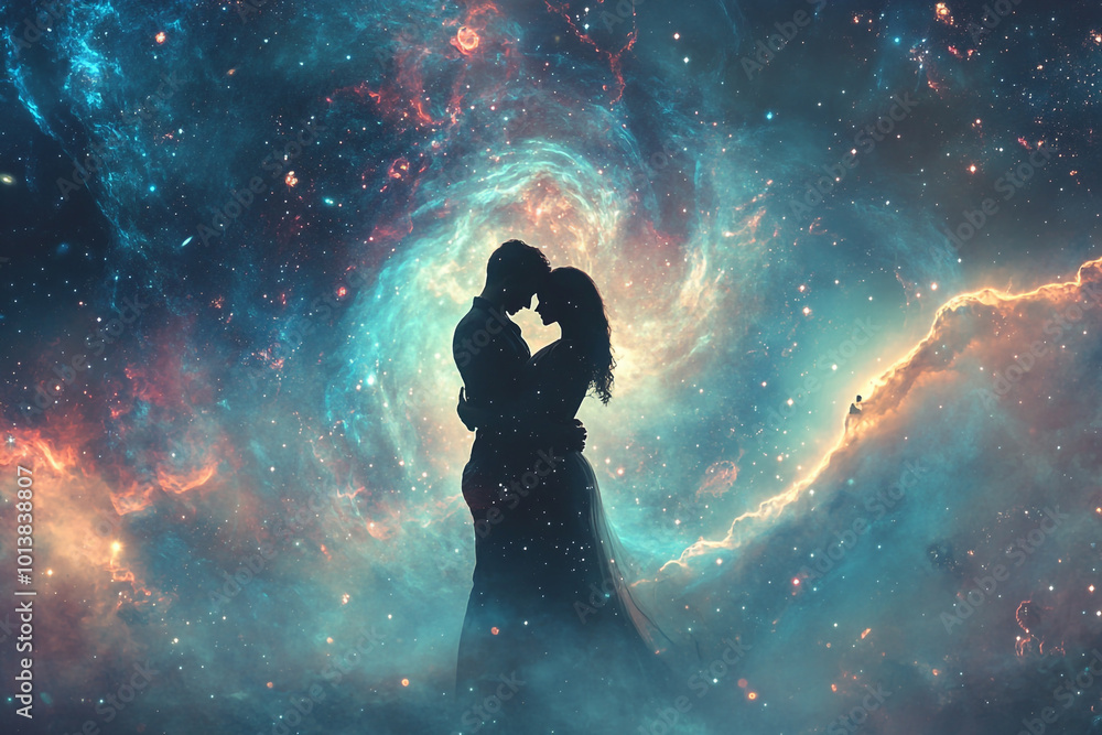 A couple's silhouette against the backdrop of an ethereal galaxy, symbolizing their love as vast and infinite in space. A couple's silhouette against the backdrop of an ethereal galaxy, symbolizing their love as vast and infinite in space.