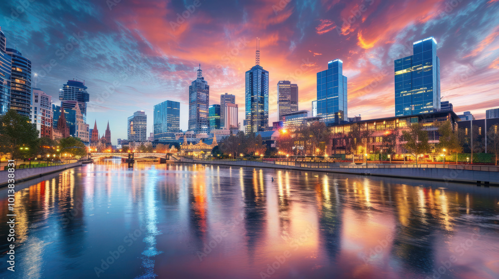 A vibrant cityscape at sunset, with the skyline reflected in a calm river, capturing the transition from day to night A vibrant cityscape at sunset, with the skyline reflected in a calm river, capturing the transition from day to night