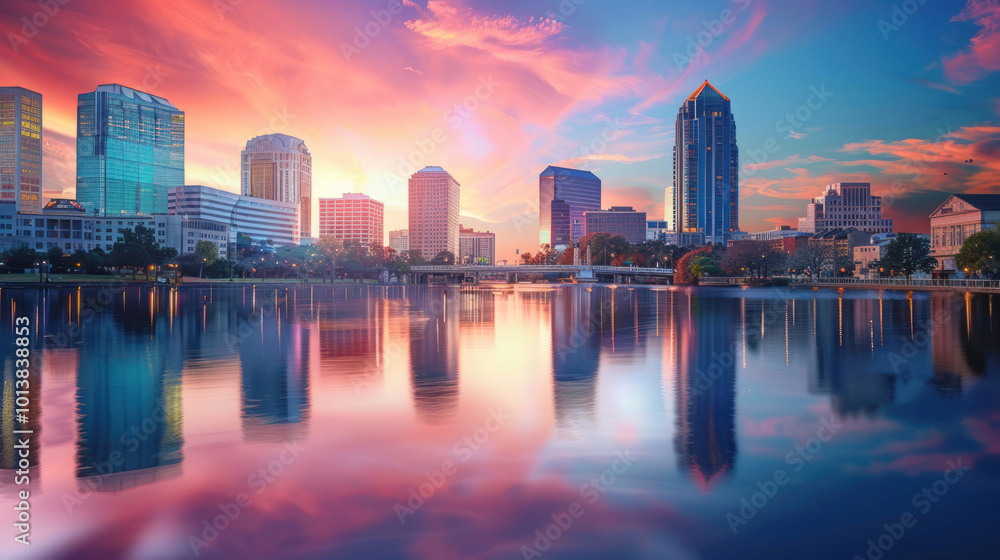 Fototapeta premium A vibrant cityscape at sunset, with the skyline reflected in a calm river, capturing the transition from day to night