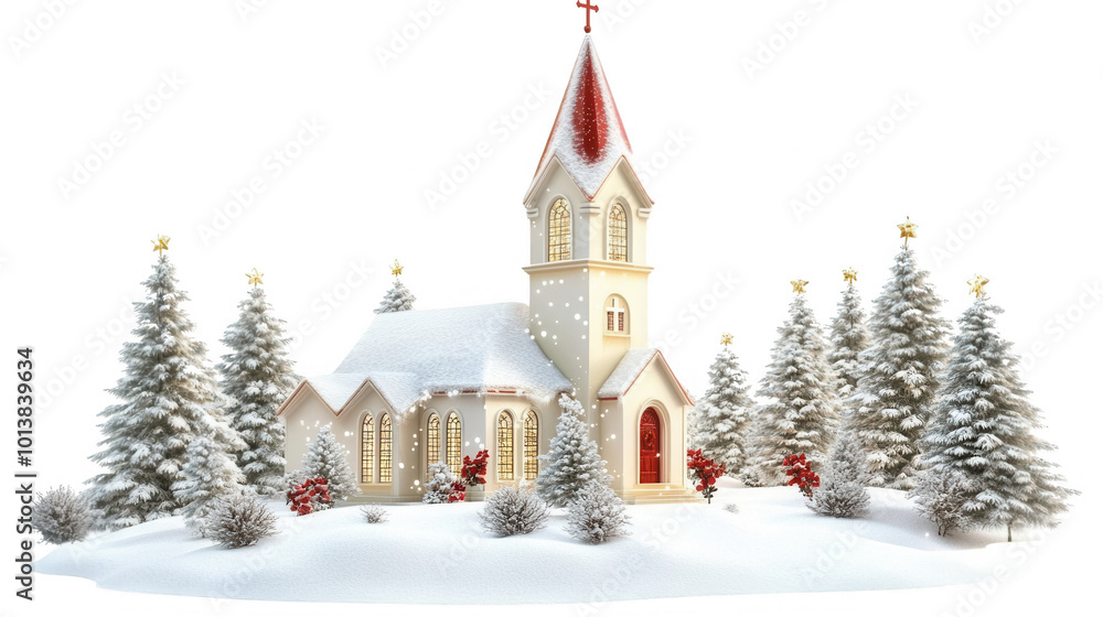 Fototapeta premium Christmas Church Scene Isolated on White Background, Simple Vector, PNG File with Transparent Background