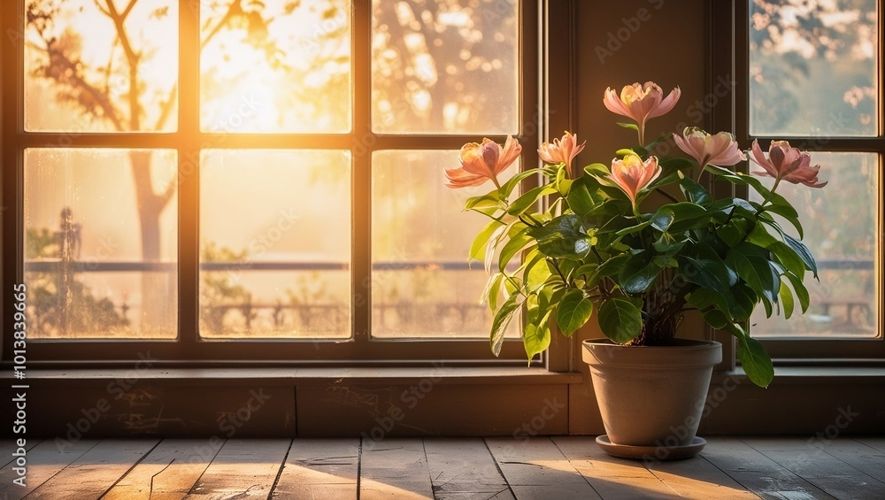 Window on the garden and morning.A cozy morning scene with a cup of hot tea sitting on a windowsill Window on the garden and morning.A cozy morning scene with a cup of hot tea sitting on a windowsill