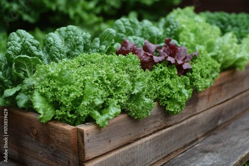 Fresh Mixed Lettuce in Rustic Wooden Planter Box on Table