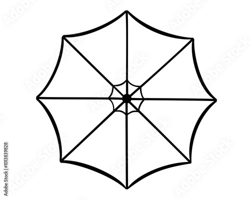 Open umbrella, top view - linear vector illustration for coloring or logo. Umbrella top view - a sign for corporate identity. Outline. Hand drawing.	
