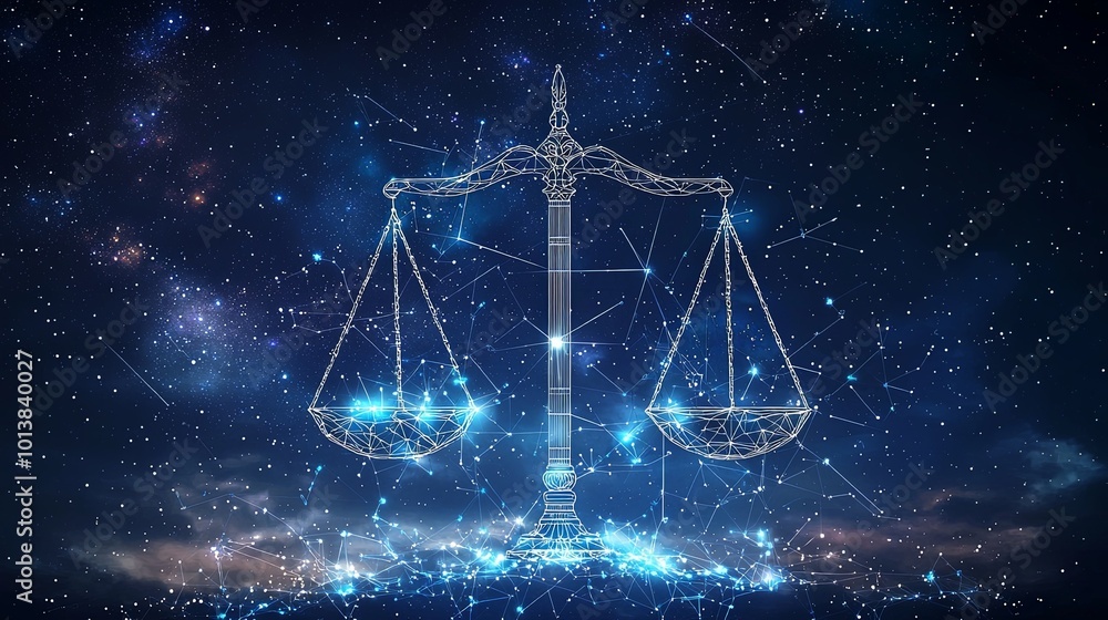 This image features glowing digital scales, delicately placed against a starry cosmic scene, symbolizing the cosmic scales of justice and equilibrium. This image features glowing digital scales, delicately placed against a starry cosmic scene, symbolizing the cosmic scales of justice and equilibrium.