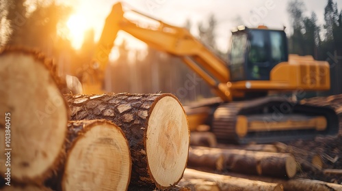 Excavator working in a lumber yard during sunset, highlighting logs and machinery on a serene landscape. photo