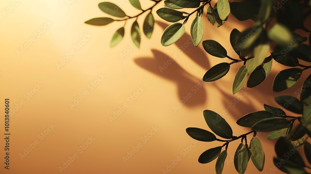 Elegant leaves casting shadows on a warm background, creating a serene and tranquil atmosphere. Elegant leaves casting shadows on a warm background, creating a serene and tranquil atmosphere.