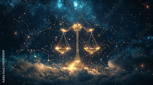 This image depicts a glowing scales of justice, symbolizing balance and equity, set against a cosmic sky, blending celestial elements and abstract design. photo