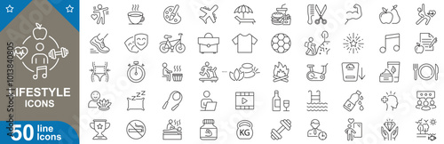 Lifestyle outline icons set. Fitness, travel, wellness, fashion, self-care, mindfulness, adventure, healthy eating and more. vector illustrator.