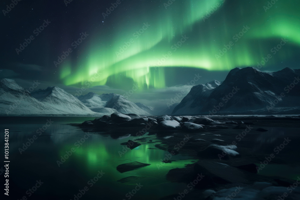 Fototapeta premium Stunning Aurora Lights Over Icy Mountain Landscape