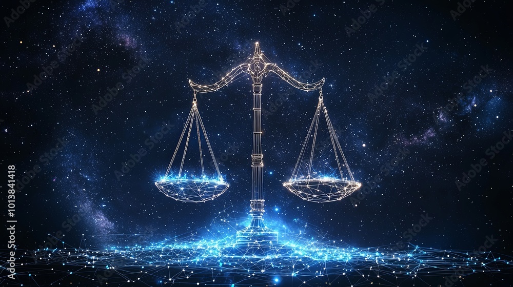 A magnificently lit pair of scales depicted within a cosmic background, symbolizing balance and justice within the vast expanse of the starry universe. A magnificently lit pair of scales depicted within a cosmic background, symbolizing balance and justice within the vast expanse of the starry universe.
