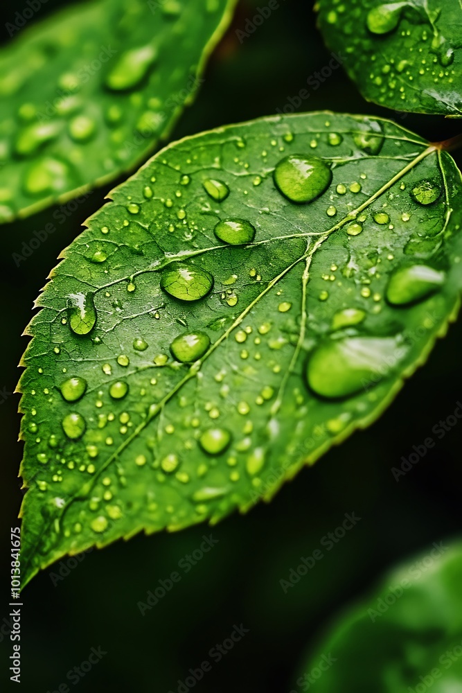 Closeup of Green Leaf with Dew Drops, Nature Photography Closeup of Green Leaf with Dew Drops, Nature Photography