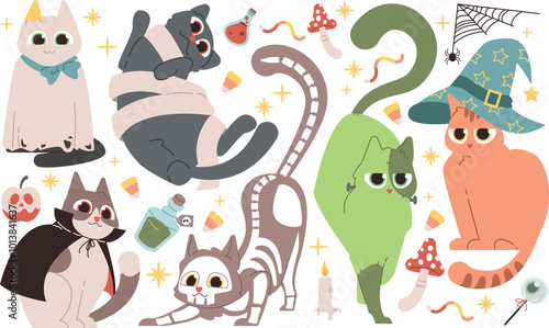Halloween vector set with cats. For scrapbooking, greeting card, party invitation, poster