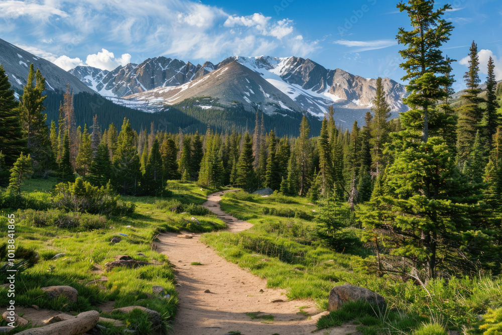 A winding hiking trail leading through pine forests with snow-capped mountains in the distance A winding hiking trail leading through pine forests with snow-capped mountains in the distance