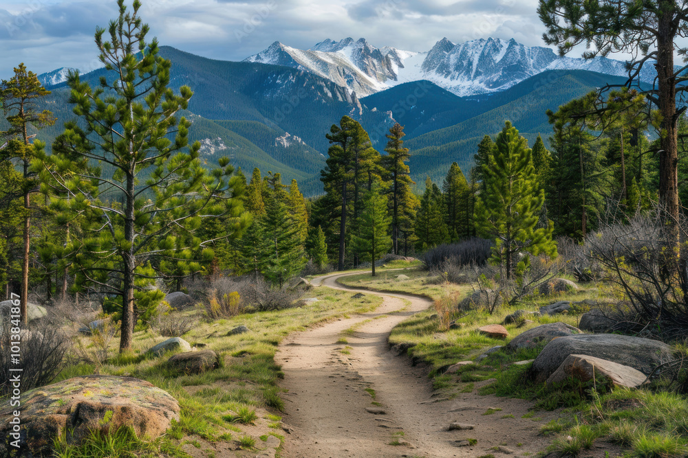 A winding hiking trail leading through pine forests with snow-capped mountains in the distance A winding hiking trail leading through pine forests with snow-capped mountains in the distance