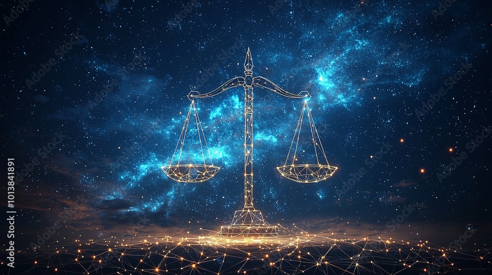 A digital balance scale depicted with a cosmic, illuminated starry background, symbolizing justice and harmony in a vast, interconnected universe. A digital balance scale depicted with a cosmic, illuminated starry background, symbolizing justice and harmony in a vast, interconnected universe.