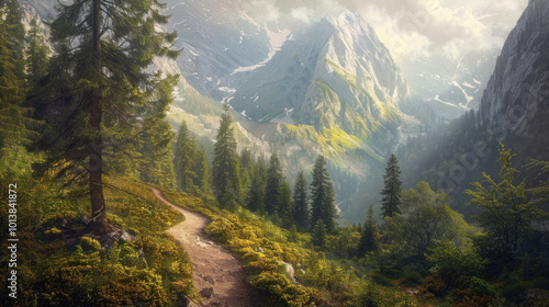 A winding hiking trail through a dense forest, leading up to a breathtaking mountain vista photo