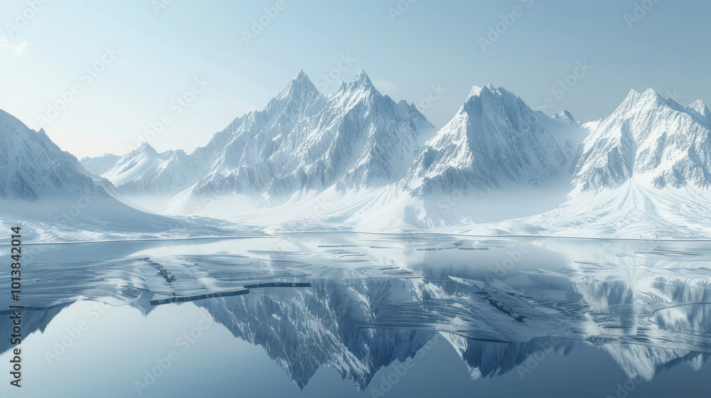 A winter wonderland scene, with snow-covered mountains reflecting in a frozen lake A winter wonderland scene, with snow-covered mountains reflecting in a frozen lake
