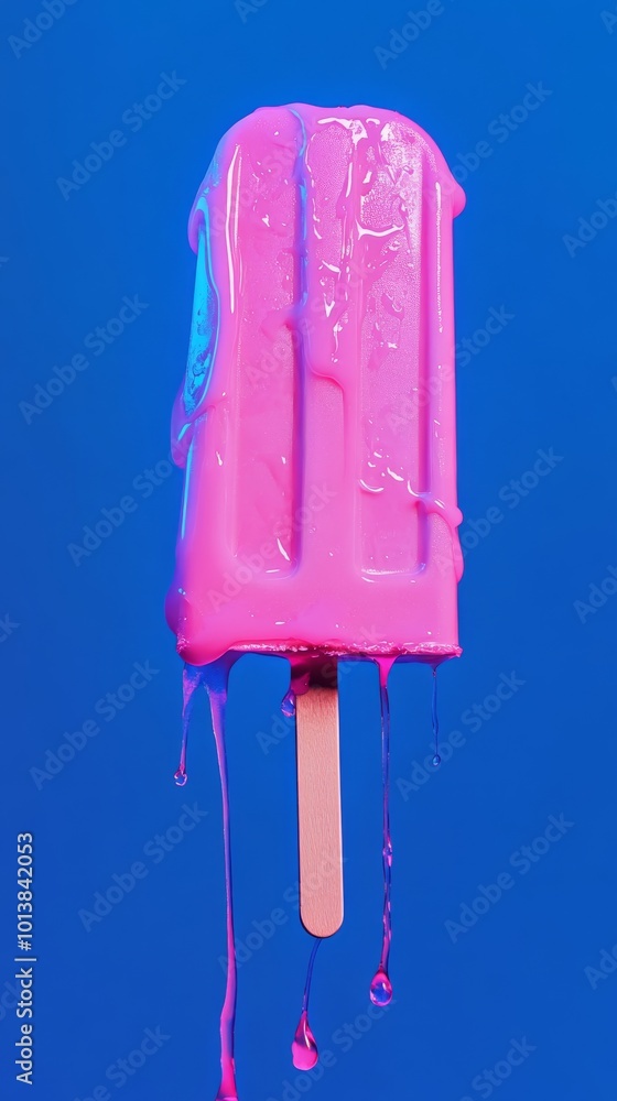 Melting pink popsicle against blue background, vibrant summer refreshment concept Melting pink popsicle against blue background, vibrant summer refreshment concept
