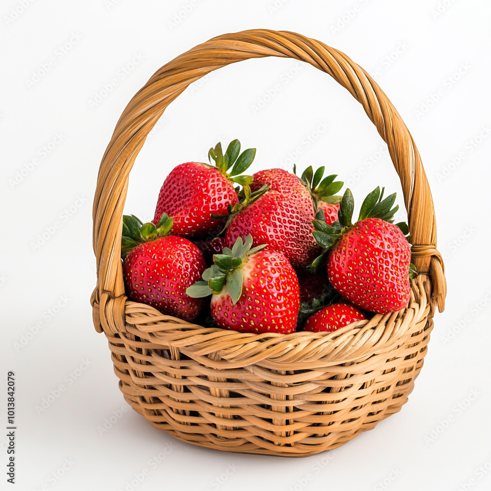 A small bamboo basket with a handle, full of strawberries on a white background. A small bamboo basket with a handle, full of strawberries on a white background.