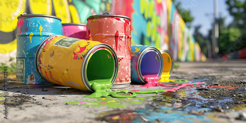 Fototapeta Naklejka Na Ścianę i Meble -  A row of colorful paint cans, labeled with different denominations, spilling their contents onto a dirty sidewalk.
