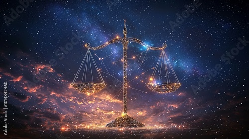 A vivid depiction of digital scales floating in a colorful cosmic sky, standing as a metaphor for harmony and balance amidst the universal digital network.