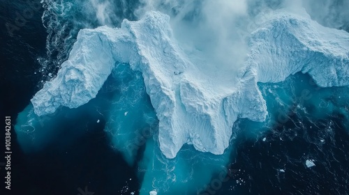 Aerial view of a large iceberg in the ocean, the iceberg is partially submerged and the water is a deep blue. photo