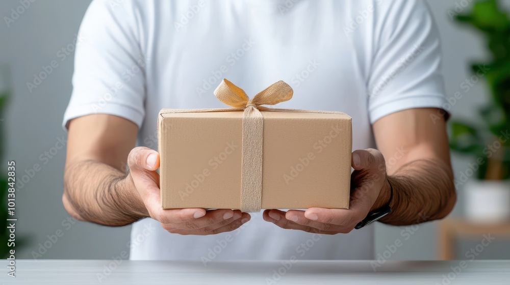 Man holding a gift box with a ribbon Man holding a gift box with a ribbon
