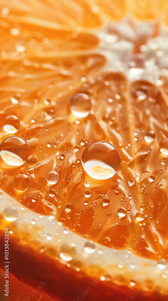 Close-up macro of a fresh, juicy orange slice with glistening water droplets Close-up macro of a fresh, juicy orange slice with glistening water droplets