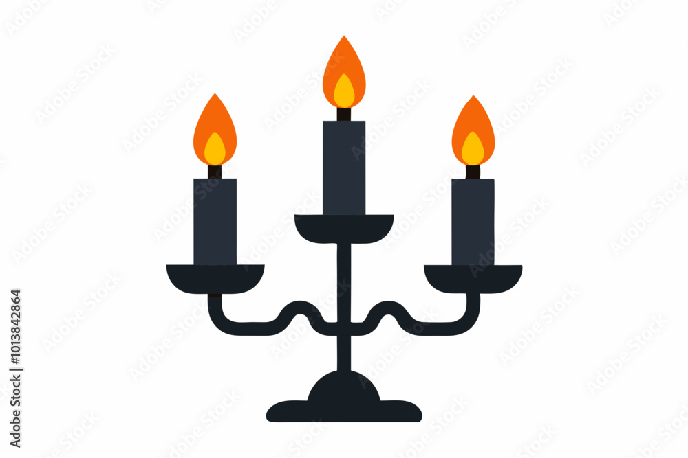 vector drawing of triple candlestick with burning candles, candlesticks for interior decoration, halloween elements in flat style isolated on white background vector drawing of triple candlestick with burning candles, candlesticks for interior decoration, halloween elements in flat style isolated on white background