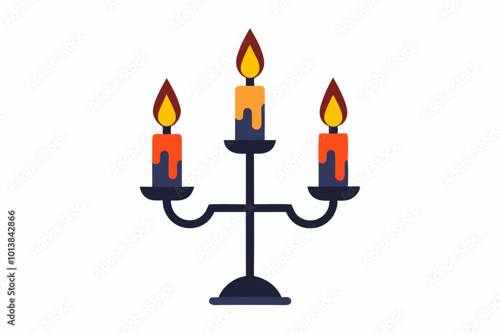 vector drawing of triple candlestick with burning candles, candlesticks for interior decoration, halloween elements in flat style isolated on white background vector drawing of triple candlestick with burning candles, candlesticks for interior decoration, halloween elements in flat style isolated on white background
