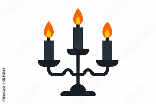 vector drawing of triple candlestick with burning candles, candlesticks for interior decoration, halloween elements in flat style isolated on white background