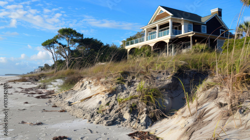 Coastal restoration efforts with dune stabilization, native grasses, and erosion prevention measures photo