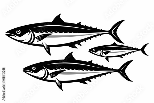 A set of Mackerel fishes silhouette black vector art illustration