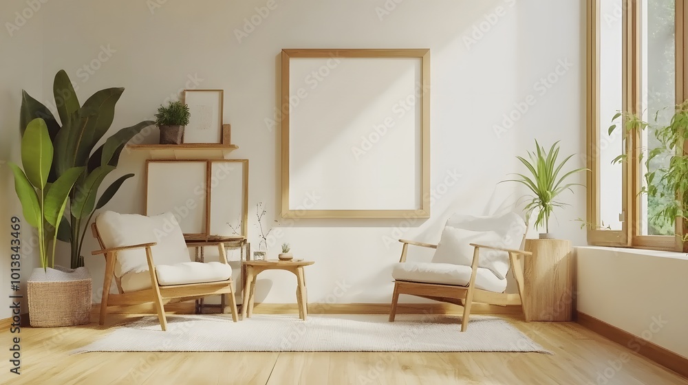Home living room interior with armchairs, TV screen, decorations, and a mockup frame Home living room interior with armchairs, TV screen, decorations, and a mockup frame