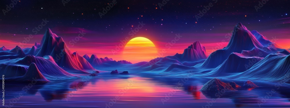 Fototapeta premium Neon Dreams, a vibrant digital landscape featuring futuristic shapes and abstract forms illuminated in striking neon colors.