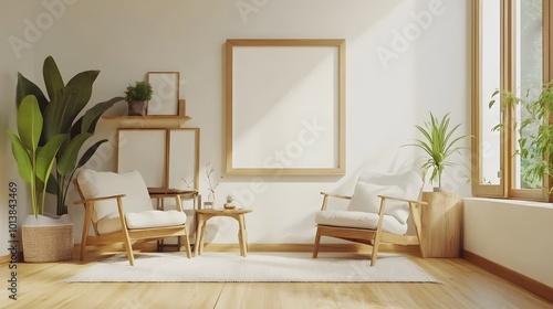 Home living room interior with armchairs, TV screen, decorations, and a mockup frame