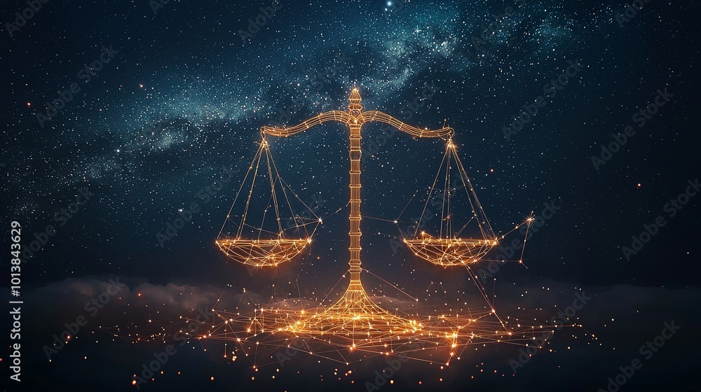 Golden scales of justice radiate amidst a vast, starlit night sky, representing the illumination of truth and fairness in an expansive cosmic universe. Golden scales of justice radiate amidst a vast, starlit night sky, representing the illumination of truth and fairness in an expansive cosmic universe.