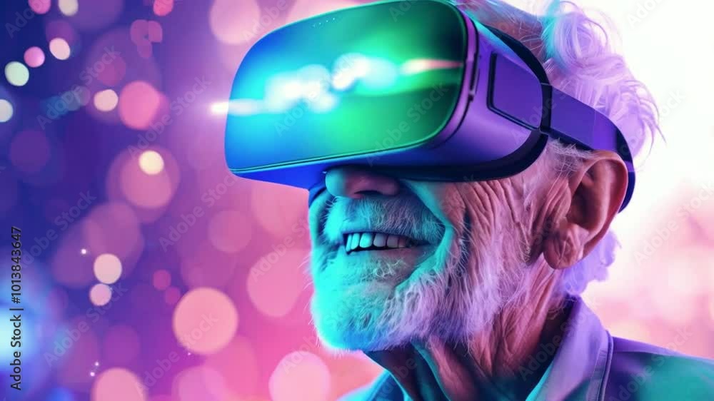 An elderly man enjoys virtual reality with a smile, immersed in vibrant colors. An elderly man enjoys virtual reality with a smile, immersed in vibrant colors.