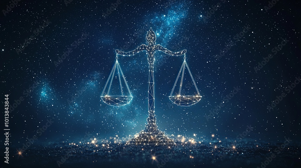 A digital representation of balanced scales glowing with star-like lights set against a cosmic space background, symbolizing justice and balance in the universe. A digital representation of balanced scales glowing with star-like lights set against a cosmic space background, symbolizing justice and balance in the universe.